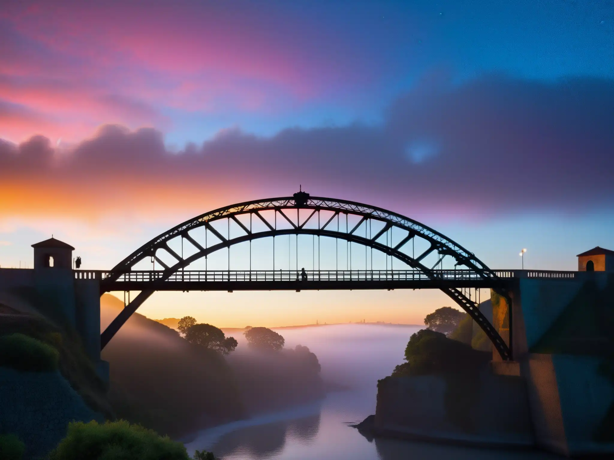 La atmósfera misteriosa y cautivadora del Puente de Metlac al atardecer, con su intrincado hierro destacando contra el cielo vibrante