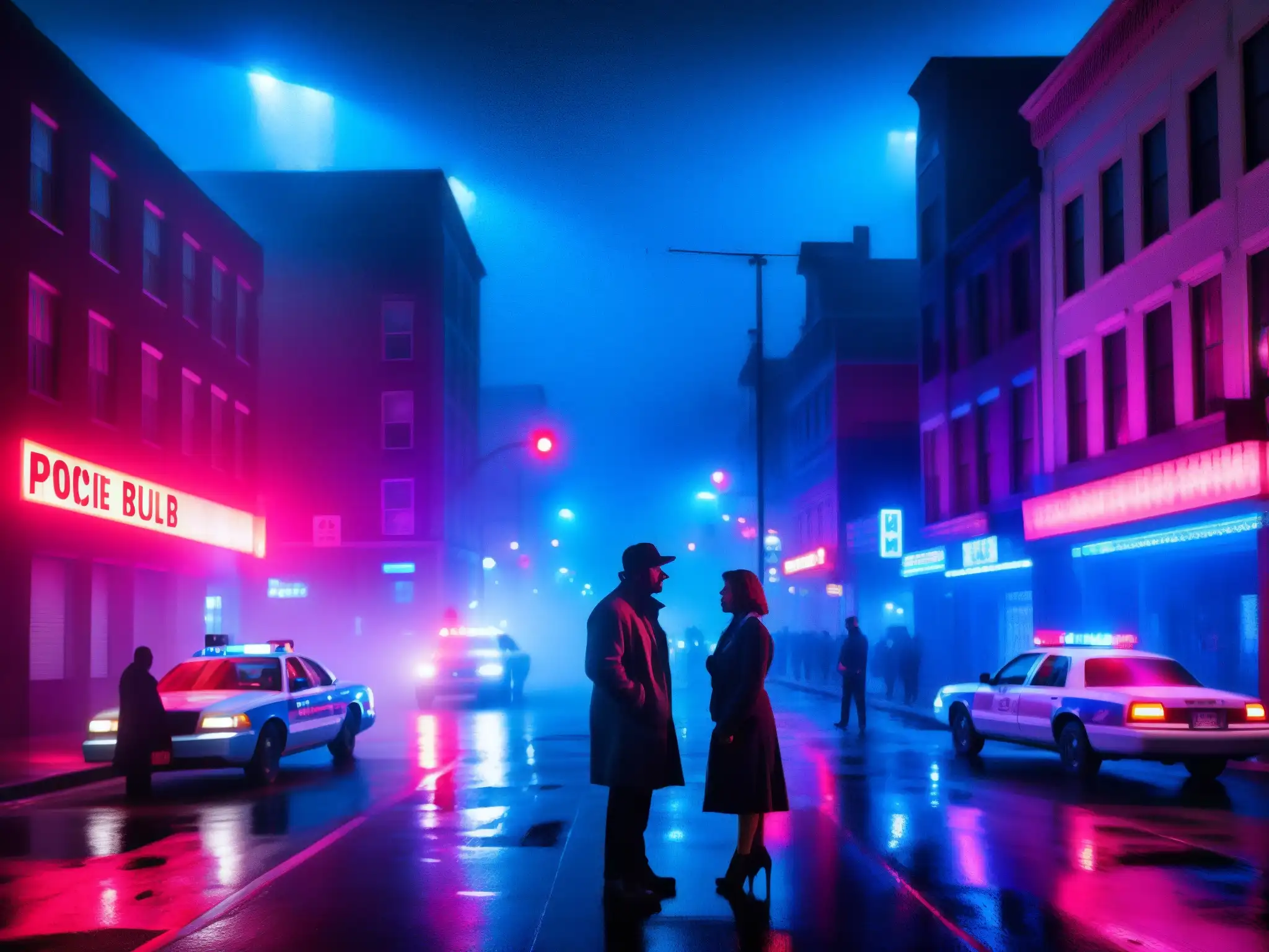 Una atmósfera nocturna y tensa en la ciudad captura las relaciones tóxicas leyendas urbanas, representada por una pareja discutiendo bajo las luces de neón y policiales