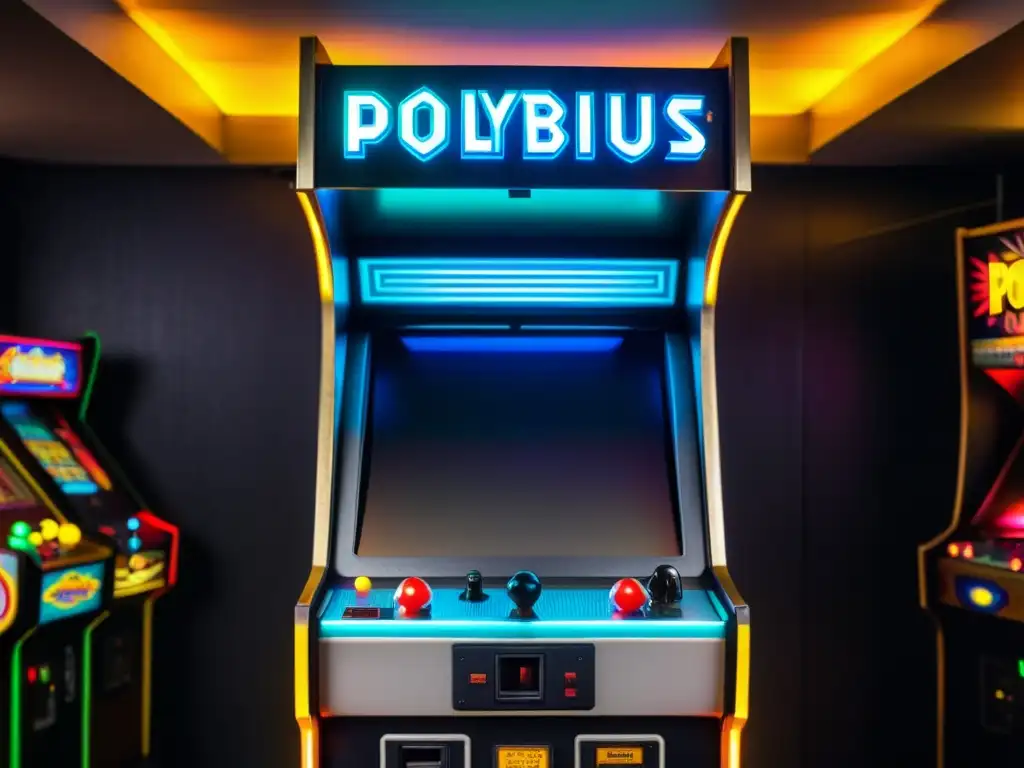 Una atmósfera nostálgica y misteriosa en torno al origen y mito de Polybius, con una máquina arcade vintage iluminada y desgastada