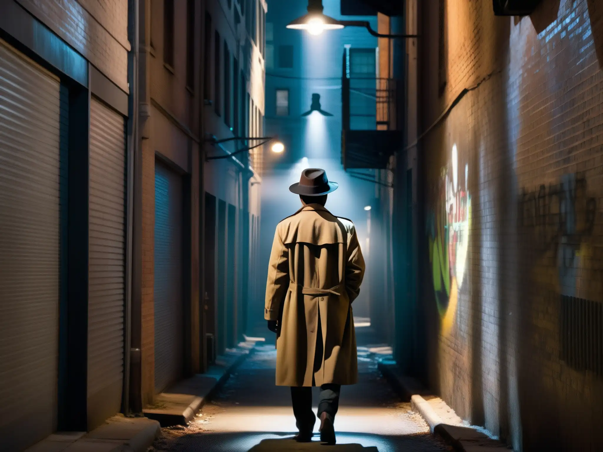 Atractivo de lo inexplicable en leyendas urbanas: Un callejón sombrío con grafitis, una figura misteriosa y sombras alargadas
