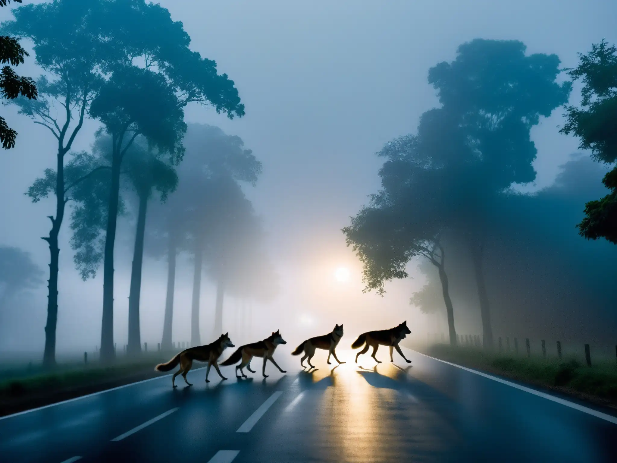 Aullidos en la Carretera de Jamshedpur: lobos en la niebla junto a una figura solitaria en la oscuridad de la noche