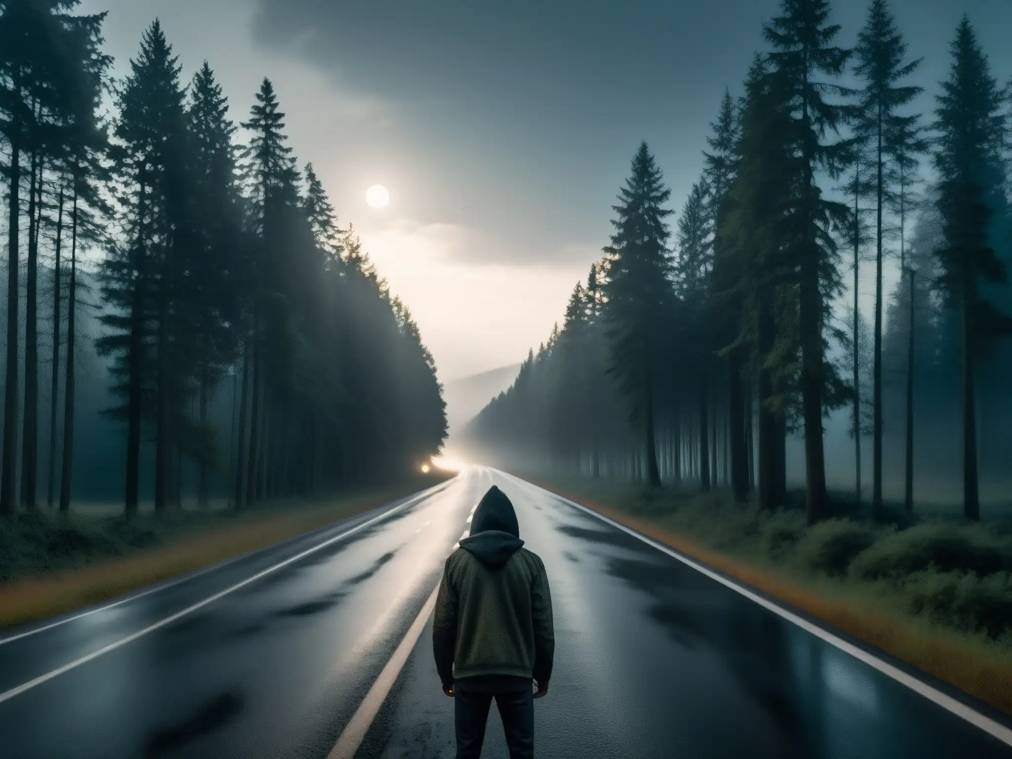 Autostopista fantasma en la carretera oscura, rodeada de bosques misteriosos