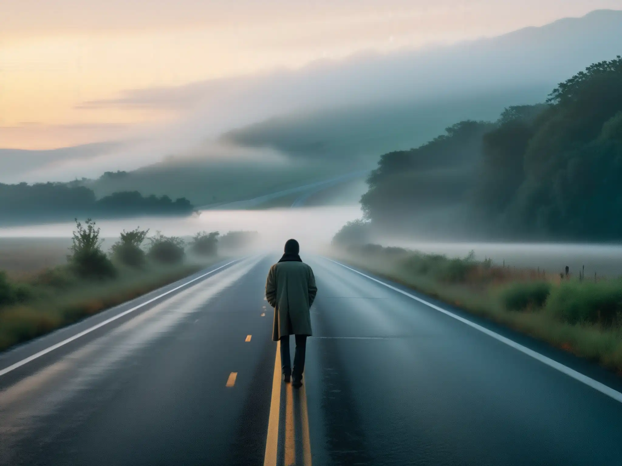 Un autostopista fantasma se yergue en un desolado tramo de carretera al anochecer, rodeado de misterio y soledad