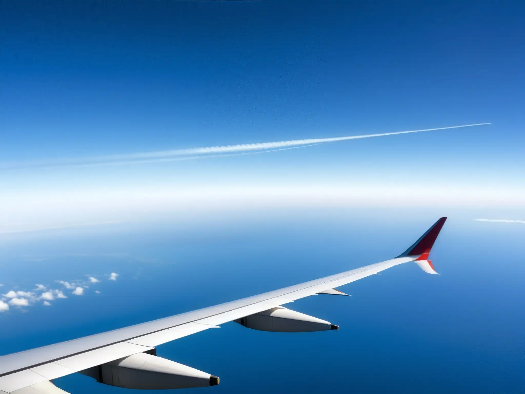 Un avión comercial deja una larga estela en un cielo azul, mientras un científico analiza muestras de aire