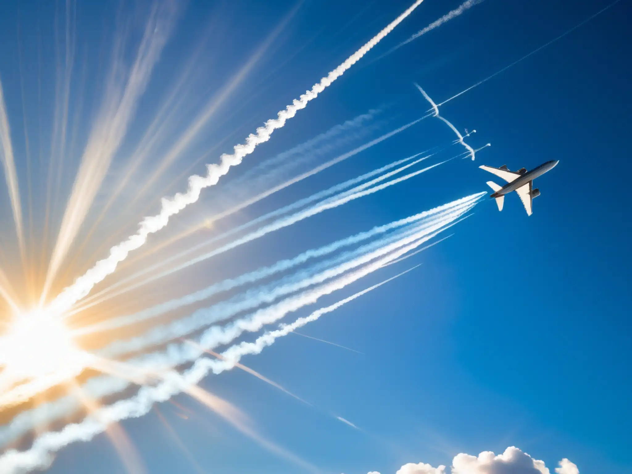 Avión dejando estelas químicas en el cielo, con el sol entre nubes, evocando misterio