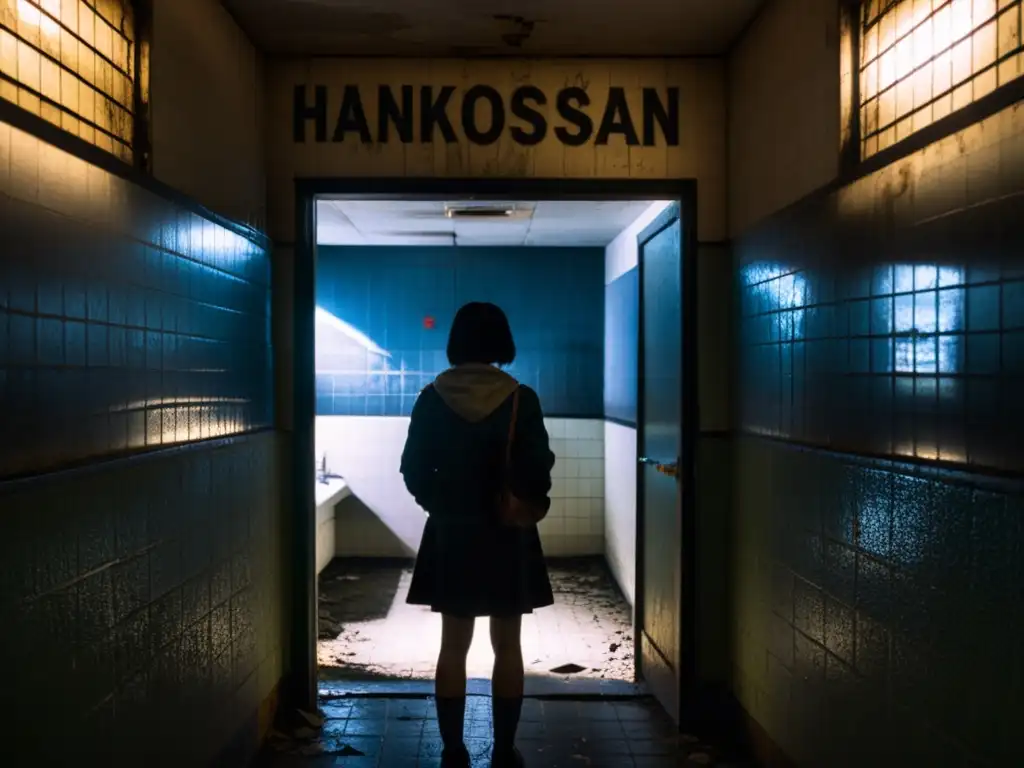 Baño abandonado con leyenda urbana Hanakosan, terrorífico y misterioso, reflejos en espejo roto