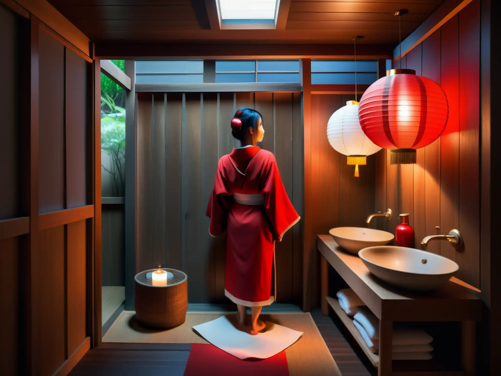 Un baño japonés con luz tenue y misteriosa, donde una figura en un manto rojo sostiene un rollo de papel higiénico rojo sangre