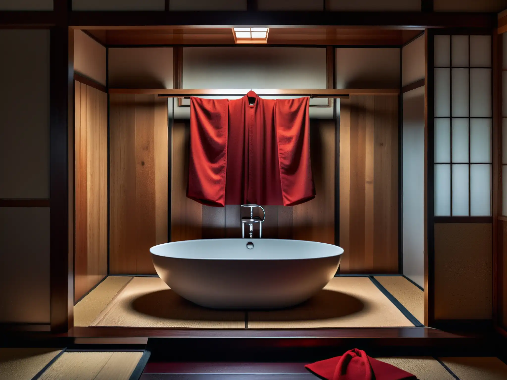 Un baño japonés tradicional con atmósfera misteriosa, un kimono rojo y reflejos siniestros