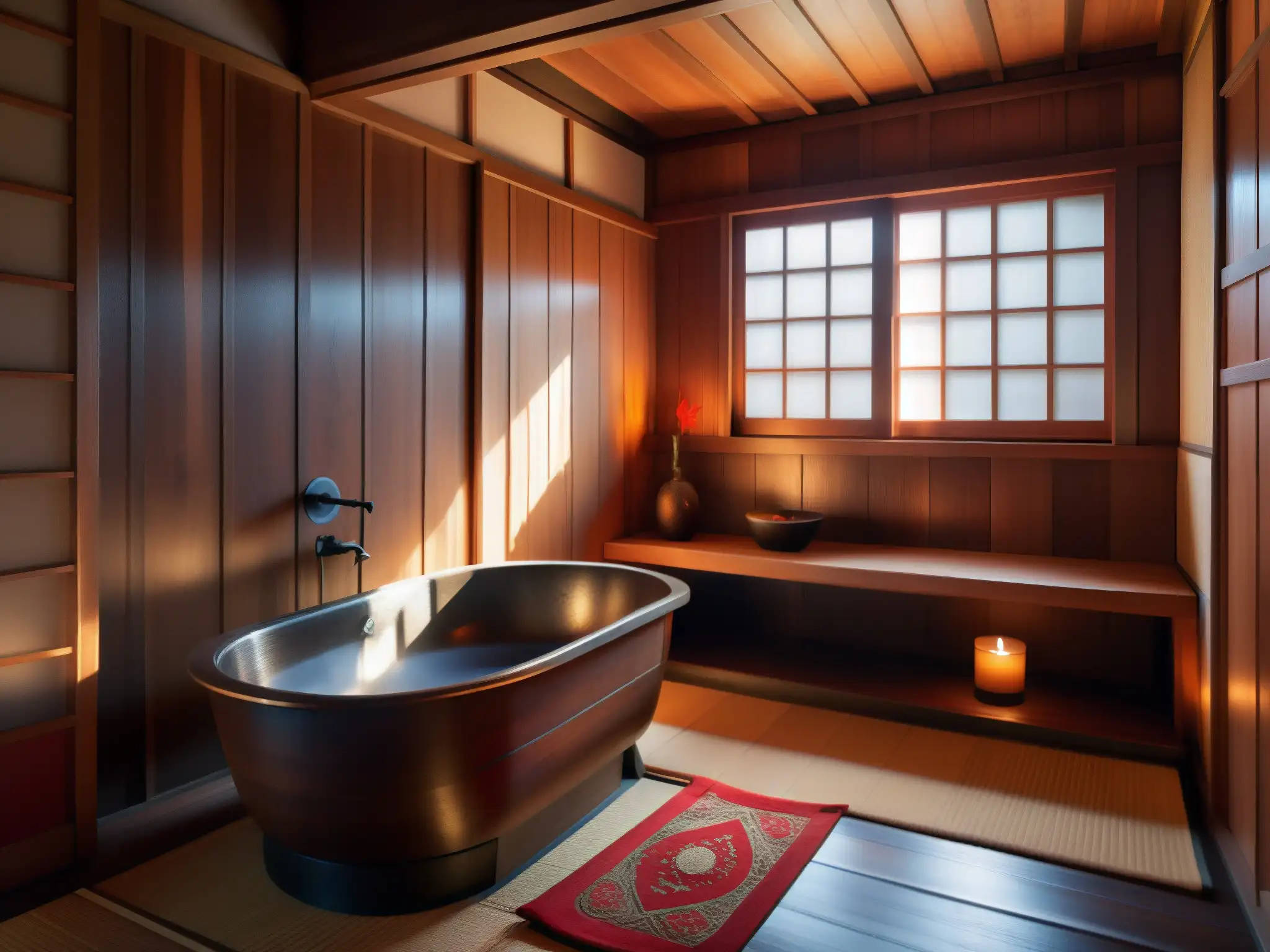 Un baño japonés tradicional con una bañera de madera profunda llena de agua caliente, iluminado por una suave luz cálida