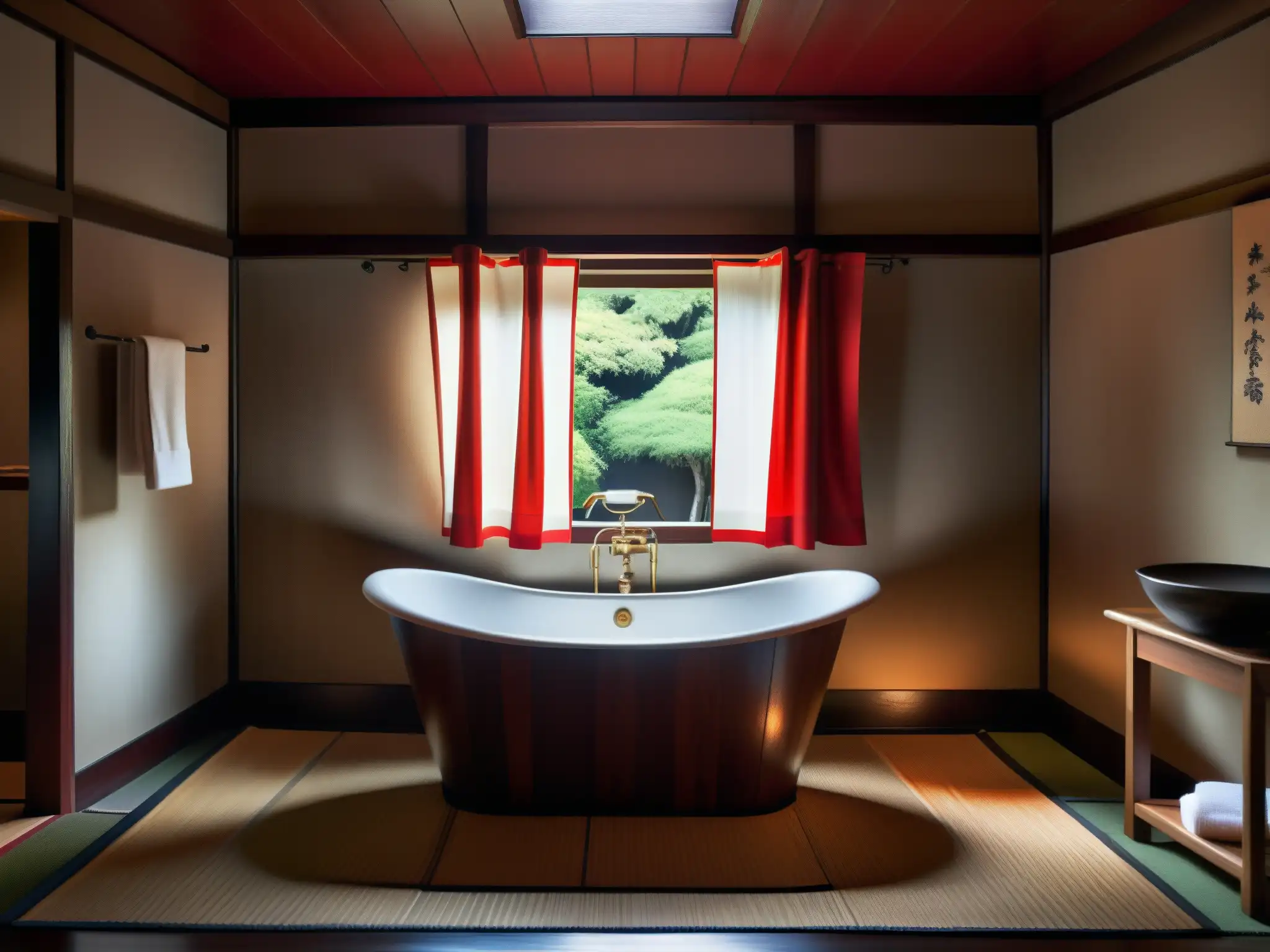 Un baño japonés tradicional con una bañera de madera profunda
