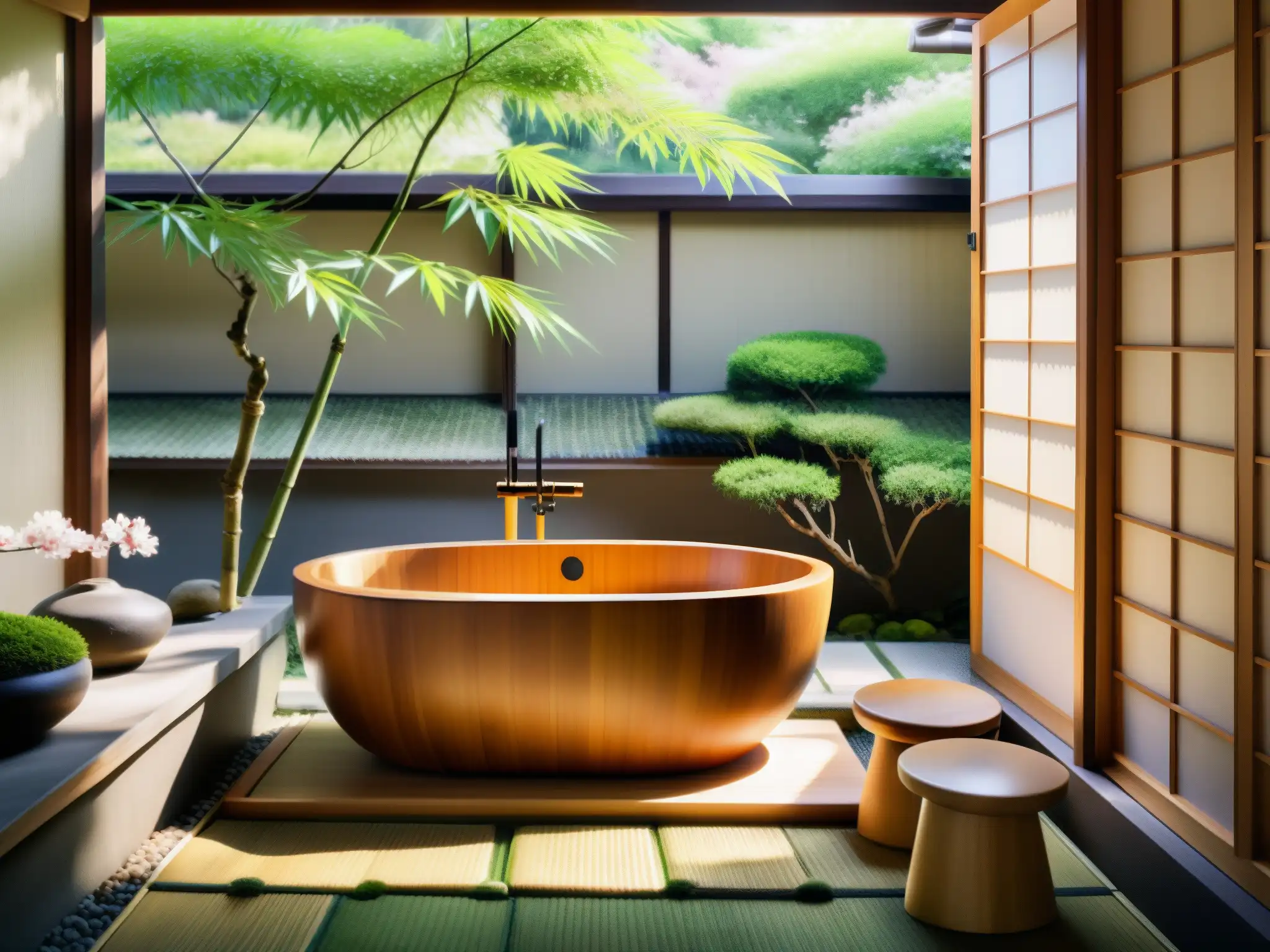 Baño japonés tradicional con tina de madera, taburete y cucharón de bambú en jardín tranquilo con árboles de cerezo en flor