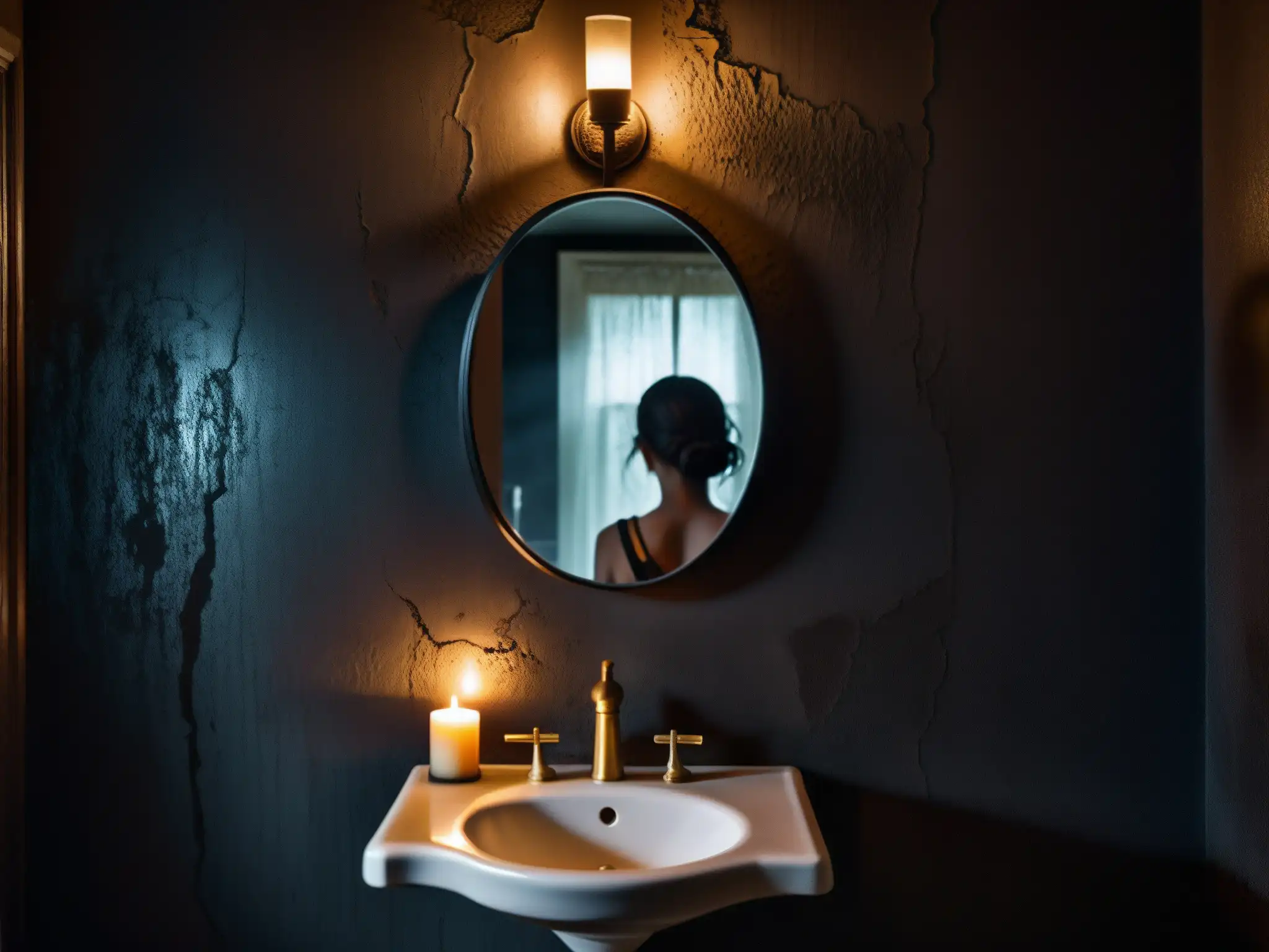 Un baño oscuro y sombrío con un espejo agrietado y envejecido, reflejando la tenue silueta de una mujer con ojos huecos y expresión inquietante
