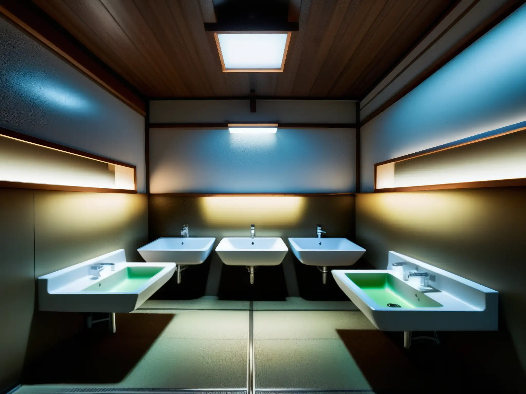 Un baño público en Japón con arquitectura tradicional, lavabos antiguos y luces fluorescentes parpadeantes