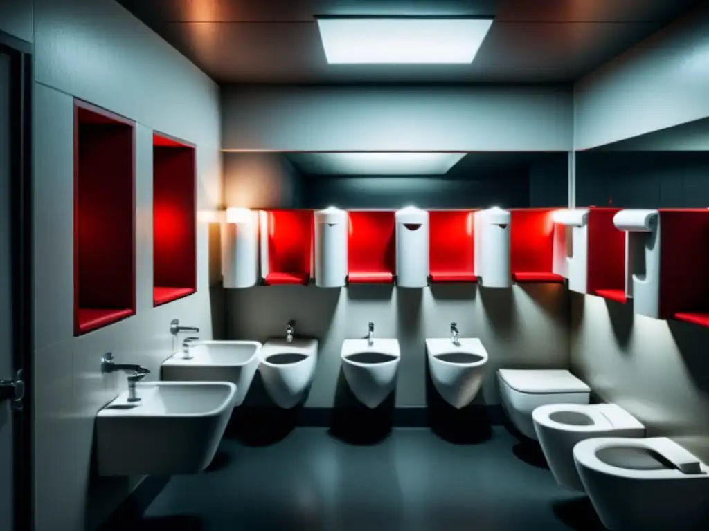 Un baño público en penumbra con cabinas blancas impecables y rollos de papel higiénico rojos