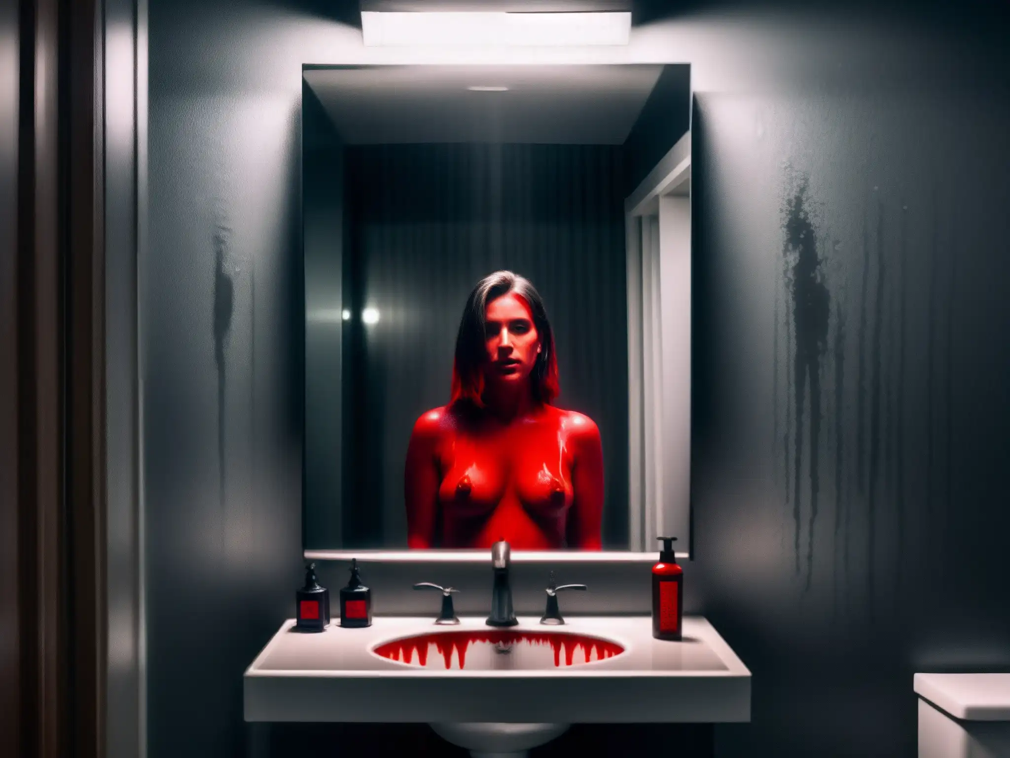 Un baño tenebroso con espejo empañado reflejando una figura borrosa