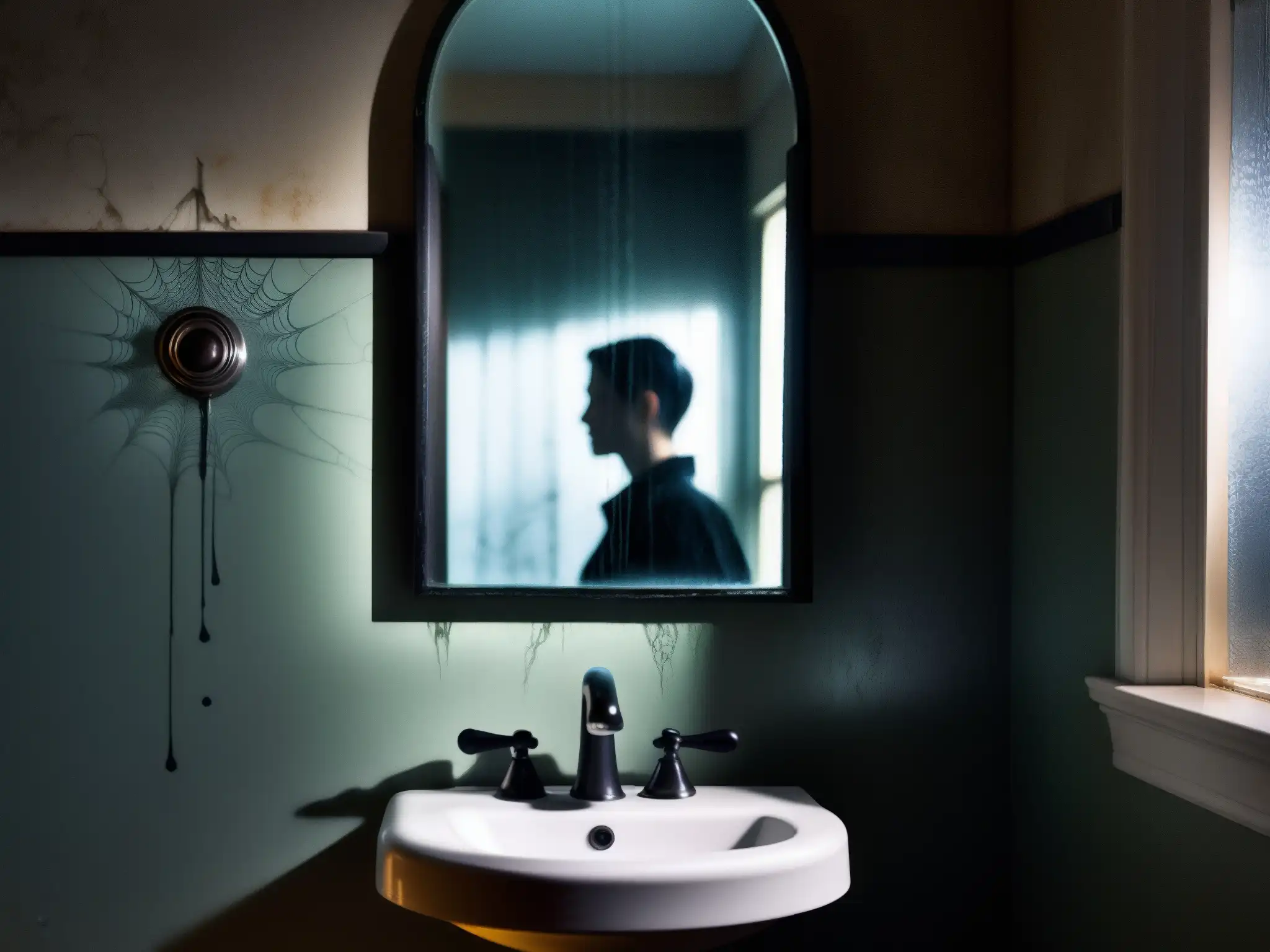 Un baño tenebroso y oscuro con espejo agrietado, telarañas y la silueta tenue de un misterioso reflejo