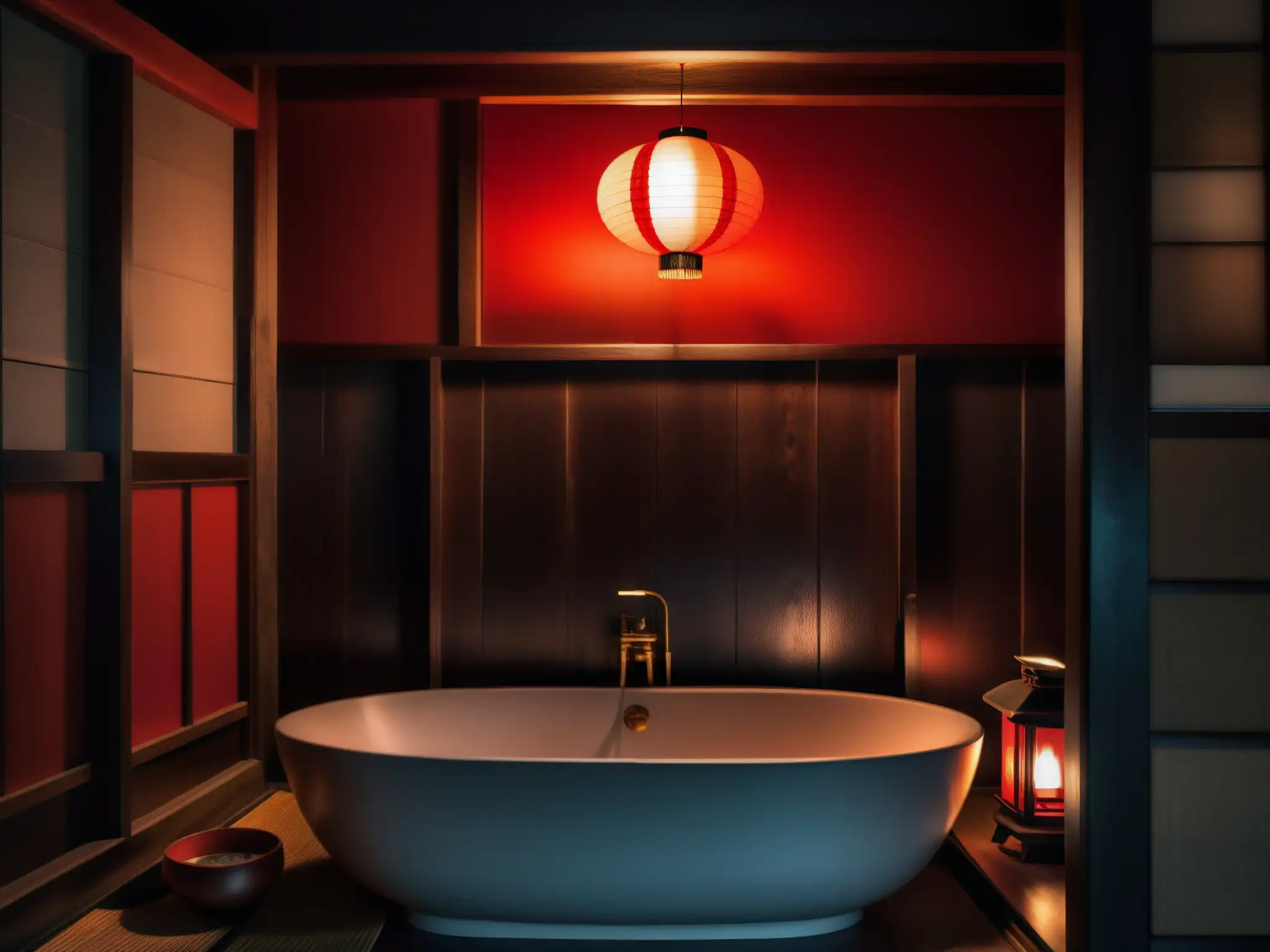 Un baño tradicional japonés con atmósfera misteriosa, una linterna ilumina las sombras