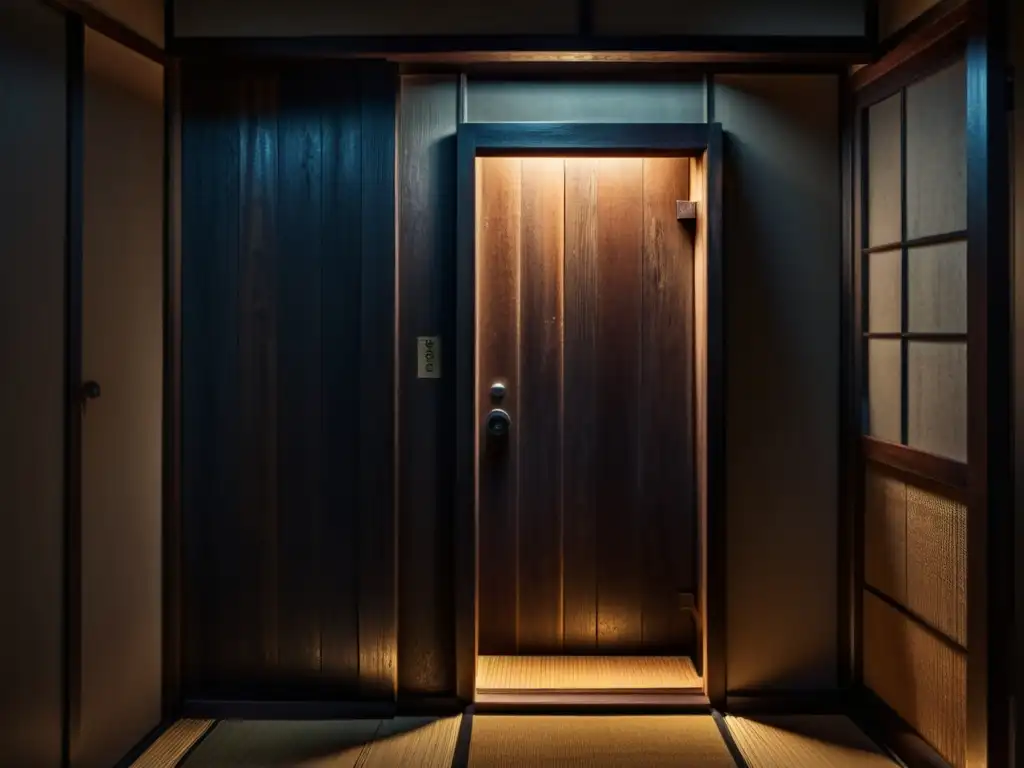 Un baño tradicional japonés con una puerta entreabierta, iluminado por una tenue luz, evocando la terrorífica leyenda urbana de Hanakosan