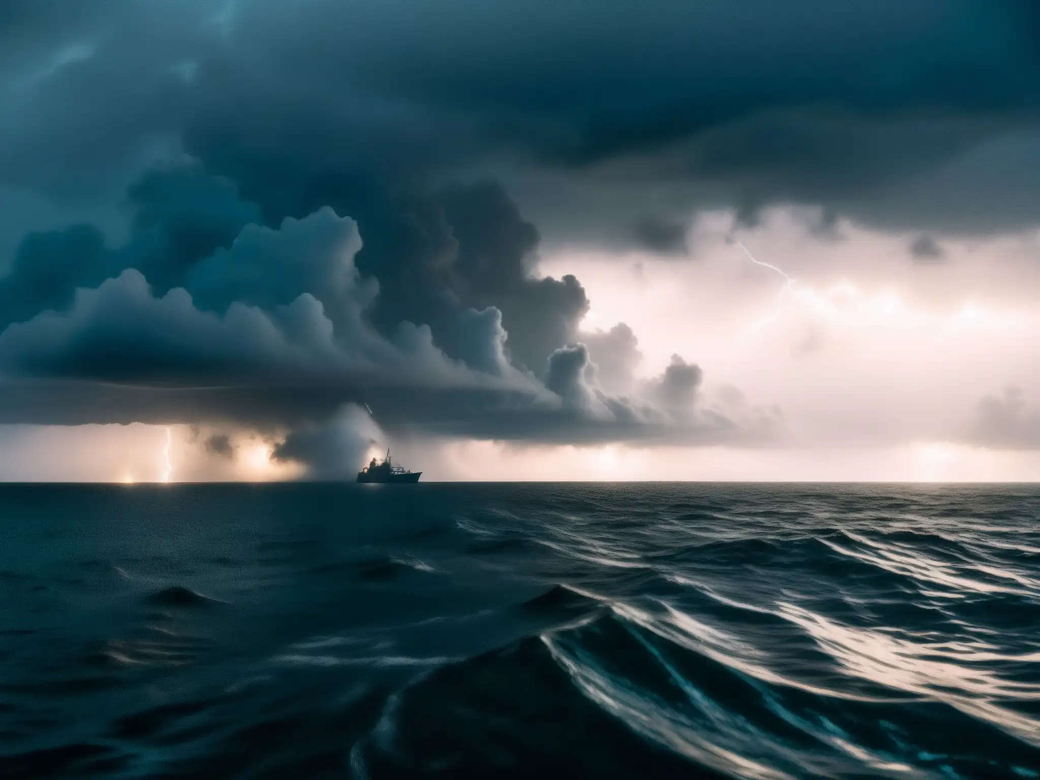 Barco envuelto en la niebla del Triángulo de las Bermudas, capturando la atmósfera de desapariciones misteriosas