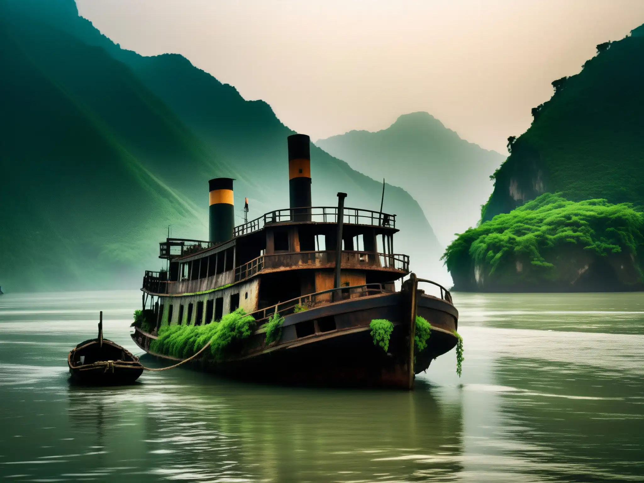 El barco fantasma en el río Yangtsé evoca misterio y nostalgia entre la bruma