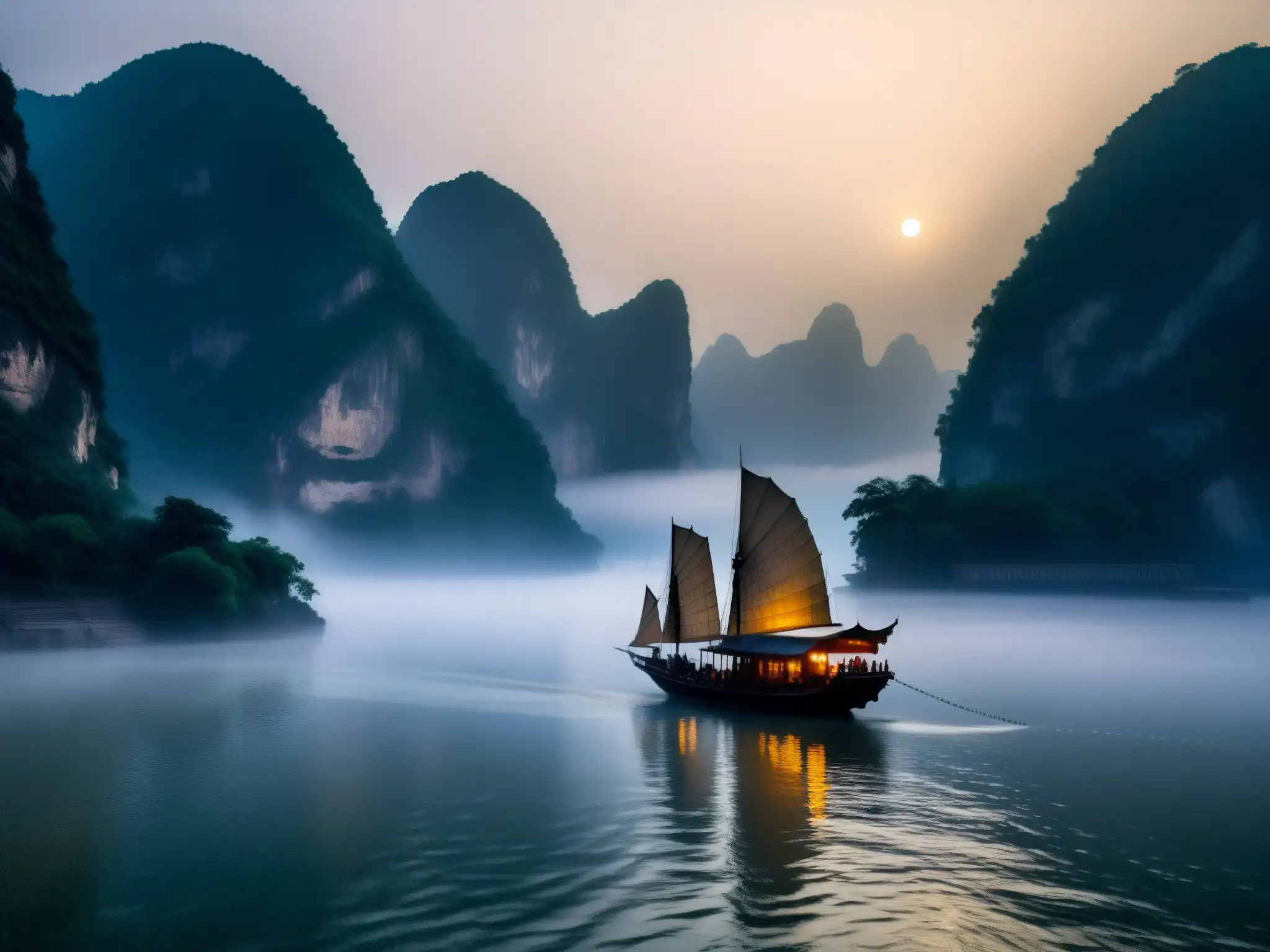 Un barco fantasma navega misteriosamente en la niebla del río Yangtsé, iluminado por linternas, creando una atmósfera etérea y misteriosa