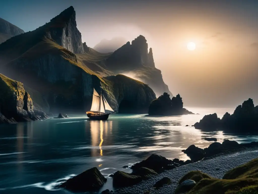 Un barco fantasmal emerge de la neblina en una costa brumosa, sus velas iluminadas por un resplandor misterioso