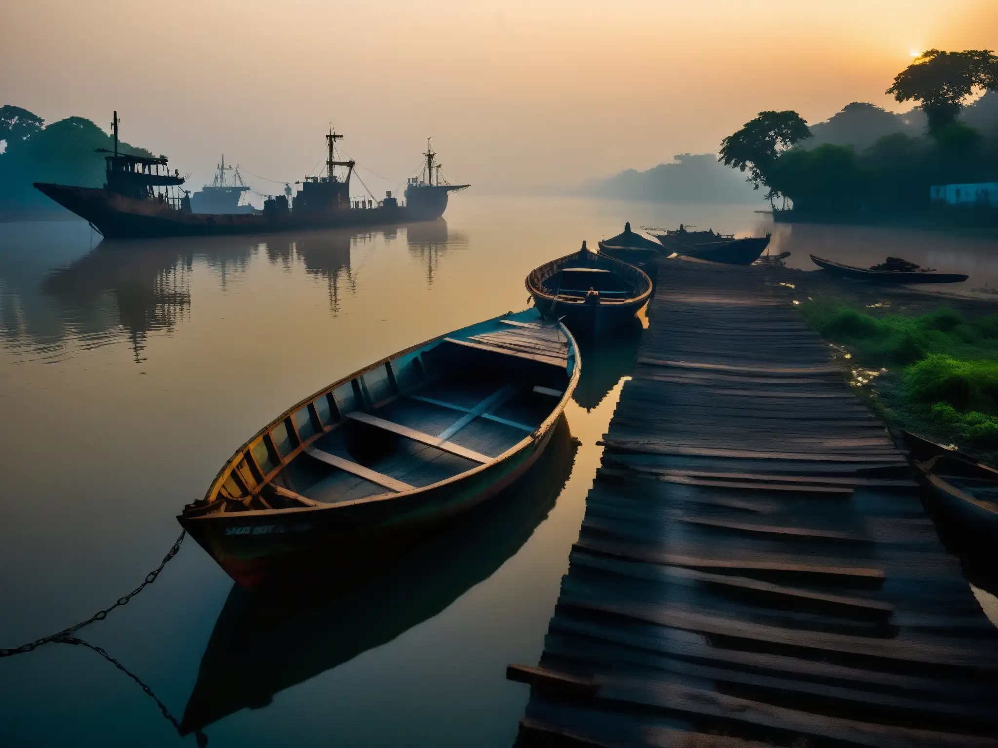 Barcos fantasma emergen en el río Hooghly al atardecer, creando una atmósfera misteriosa y cautivadora