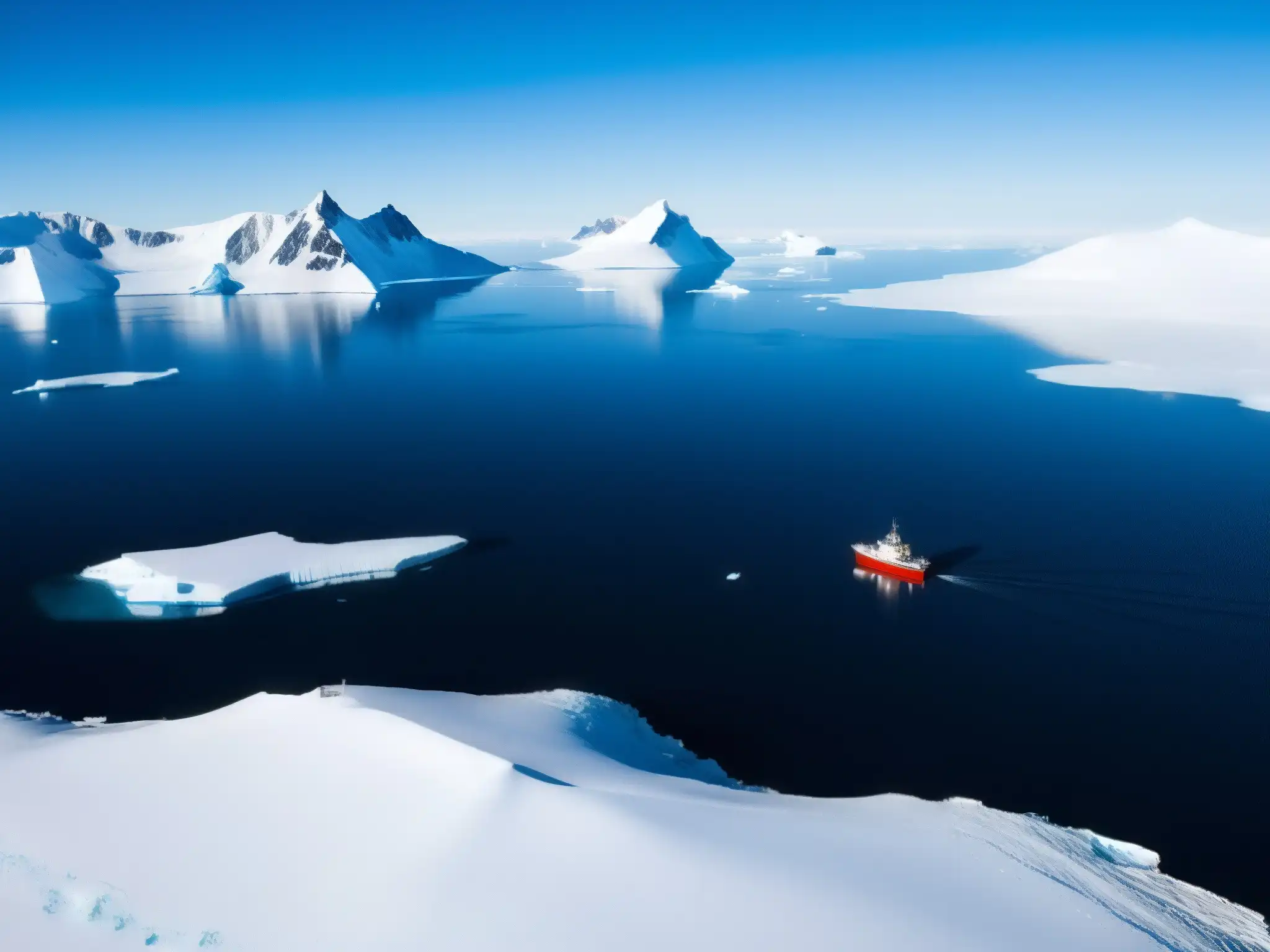 Una base de investigación remota en la desolada belleza de la Antártida, con montañas nevadas y el océano azul