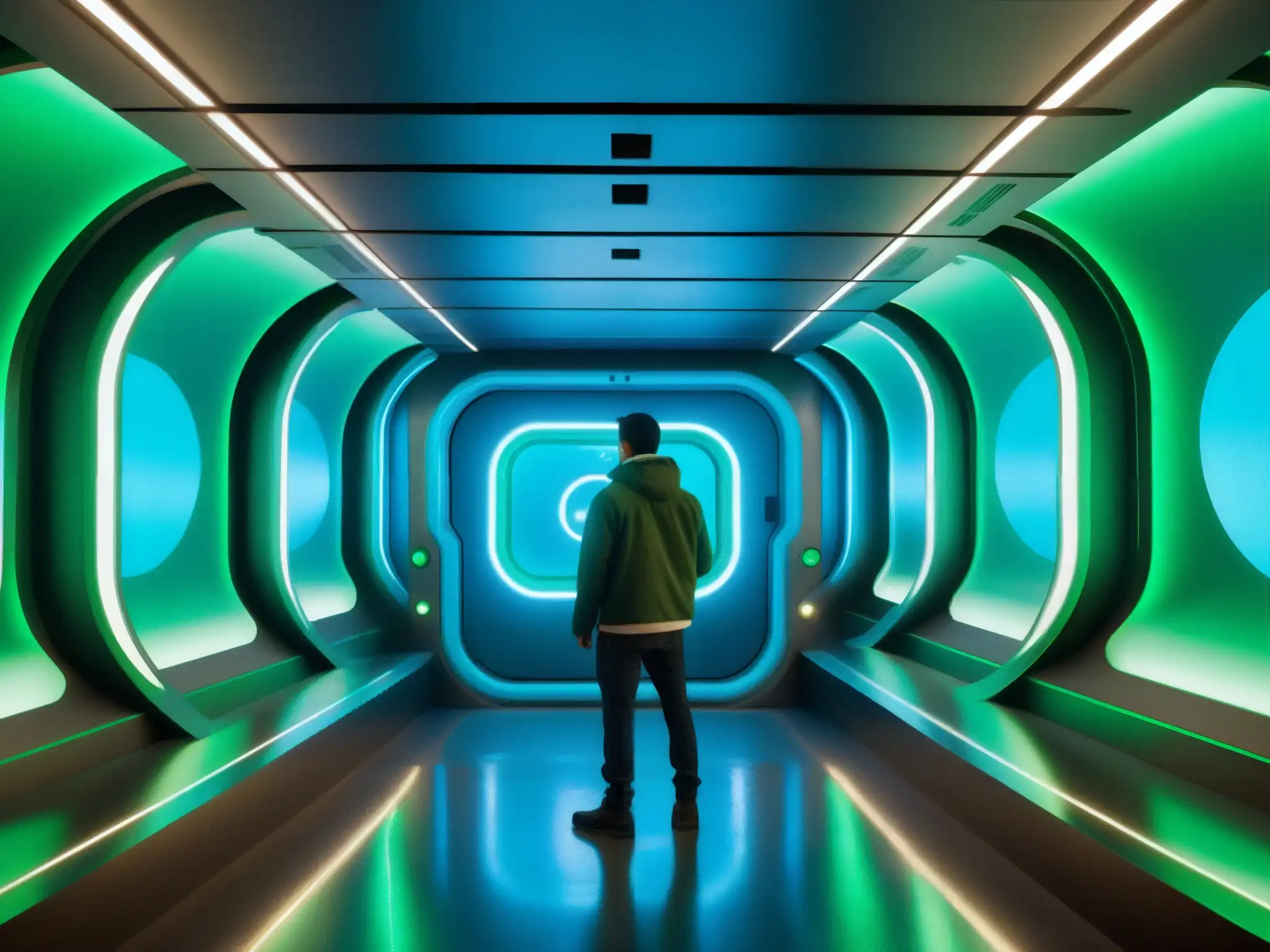 Base subterránea de Denver mito: Intrincada red de pasajes y salas iluminadas por luces azules y verdes, llena de maquinaria misteriosa y tecnología futurista
