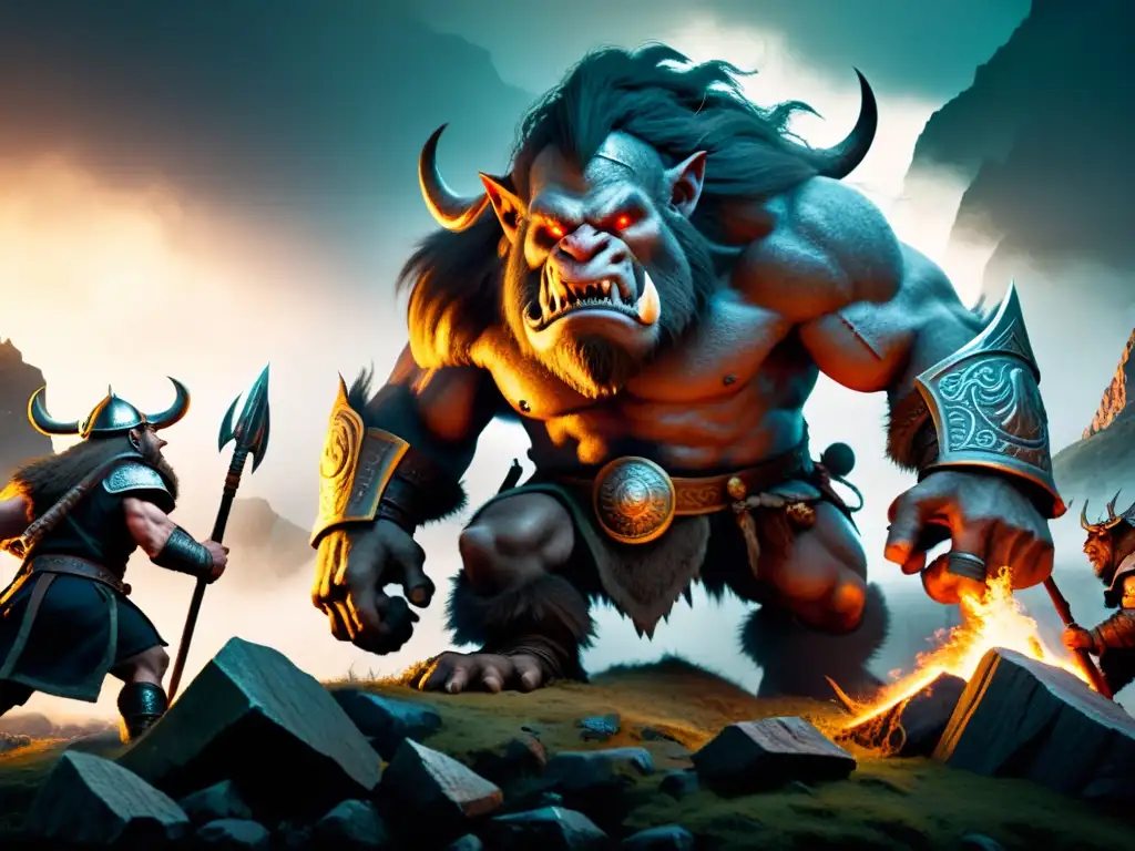 Batalla épica entre guerreros nórdicos y trols gigantes en paisaje escandinavo