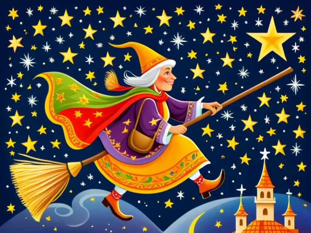 La Befana, bruja buena del folklore italiano, vuelva en su escoba en un cielo estrellado, rodeada de celebraciones y niños felices