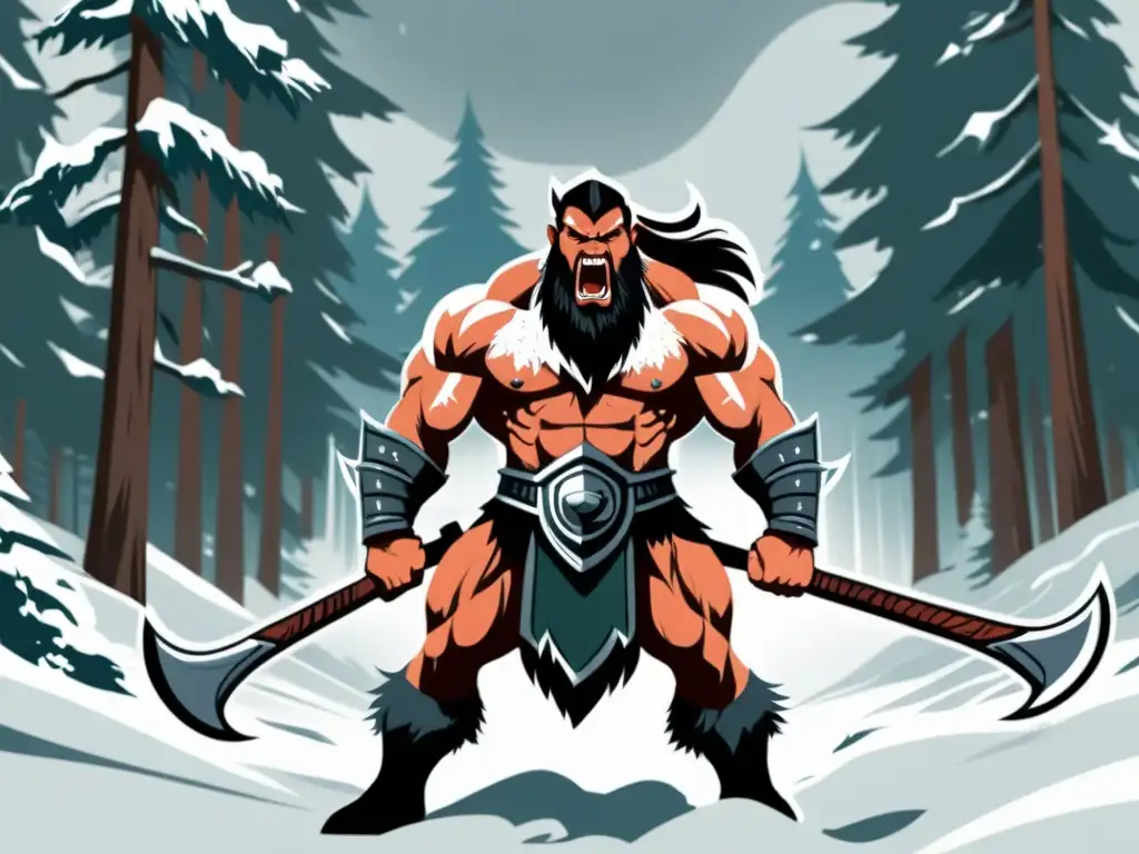 Un berserker feroz en plena batalla, con ojos salvajes y un hacha gigante, entre la nieve y altos pinos