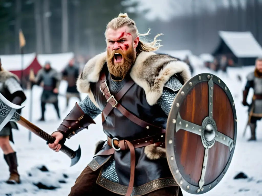 Un berserker vikingo en plena batalla, con armadura de cuero y piel, empuñando un hacha y un escudo, rodeado de nieve y caos