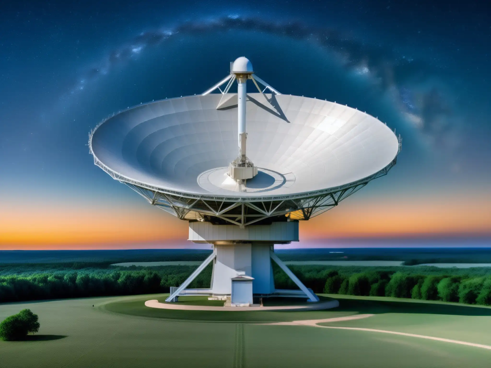 El Big Ear apunta al cielo nocturno, exudando asombro y exploración científica en la búsqueda de comunicación extraterrestre señal Wow