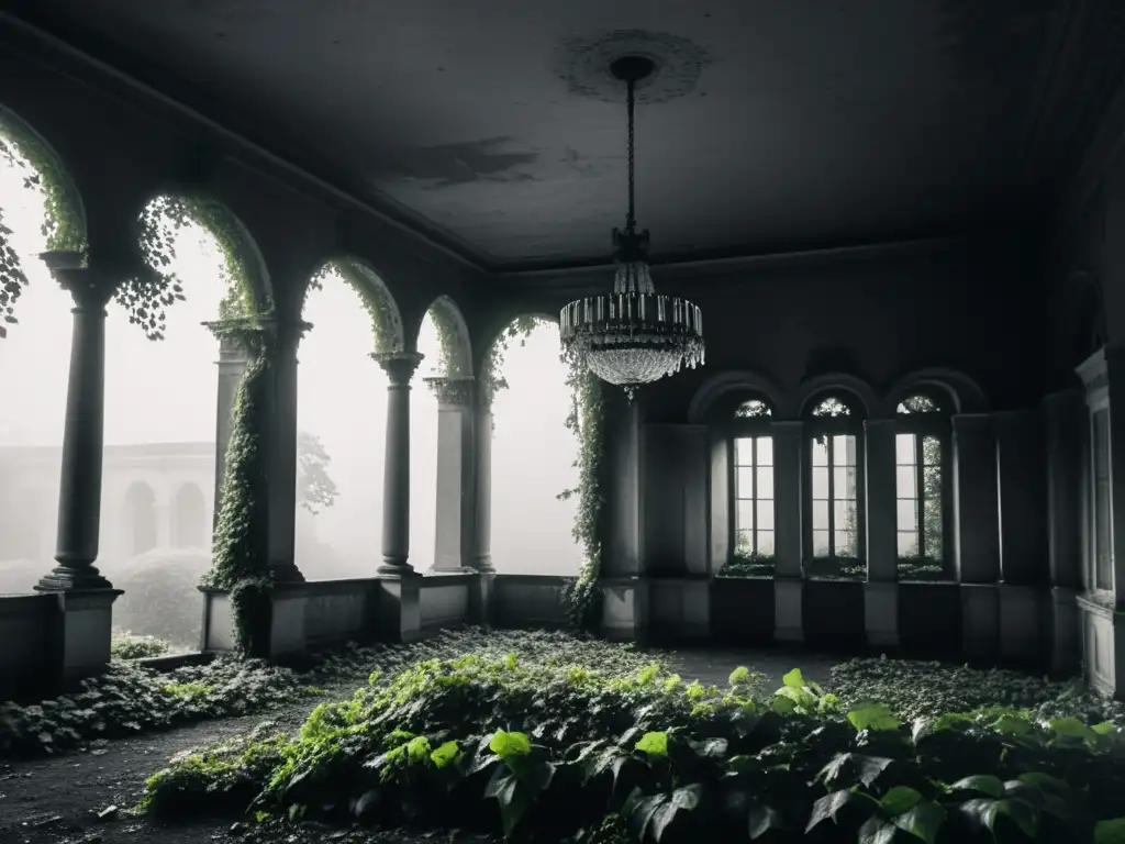 Una fotografía en blanco y negro del abandonado Palacio Amaniel, cubierto de hiedra y rodeado por una densa niebla