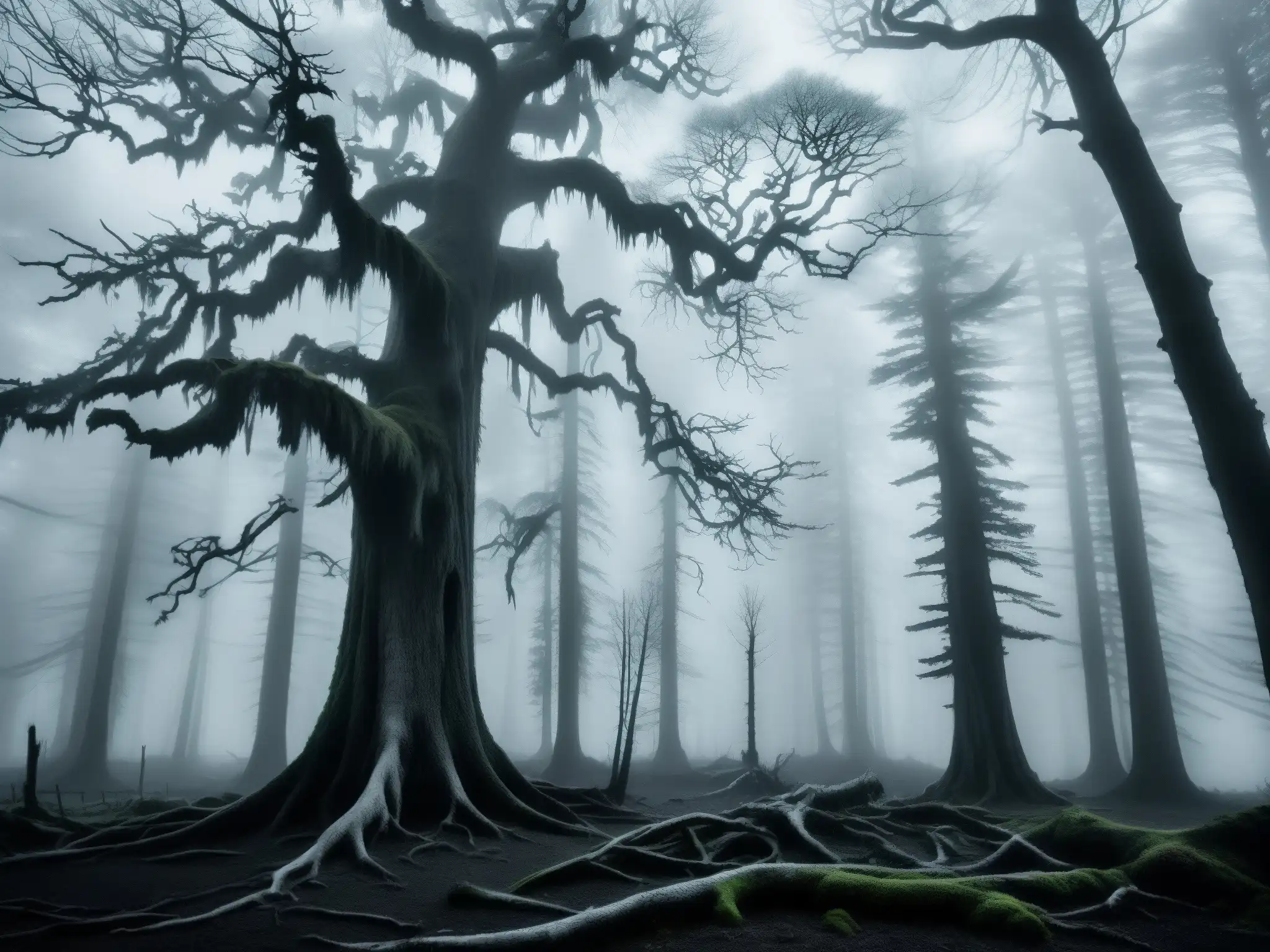 Una fotografía en blanco y negro de un bosque antiguo envuelto en niebla, evocando la conexión entre La Llorona y estrés postraumático