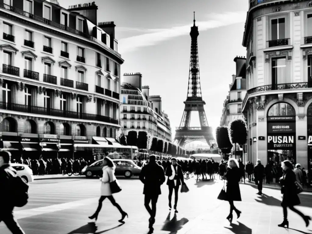 Una fotografía en blanco y negro de las bulliciosas calles de París, capturando la arquitectura histórica y elementos urbanos modernos