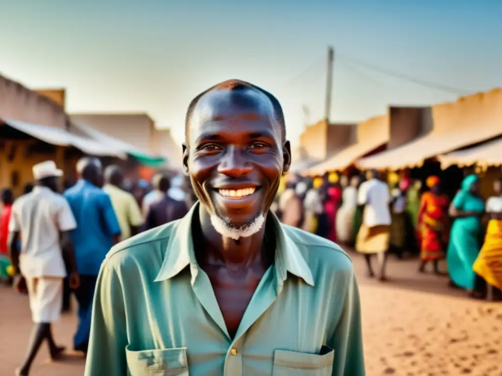 Una fotografía en blanco y negro de las bulliciosas calles de Senegal, con Mamadou, un hombre curtido con una sonrisa amable, entre locales