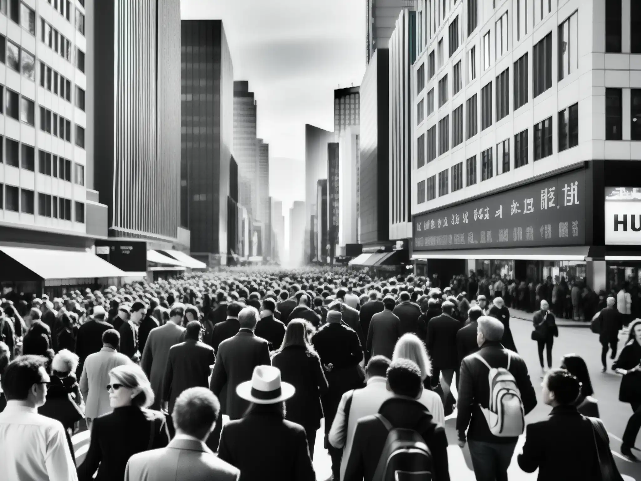 Una fotografía en blanco y negro de una concurrida calle de la ciudad, reflejando la vida urbana y la complejidad de la sociedad