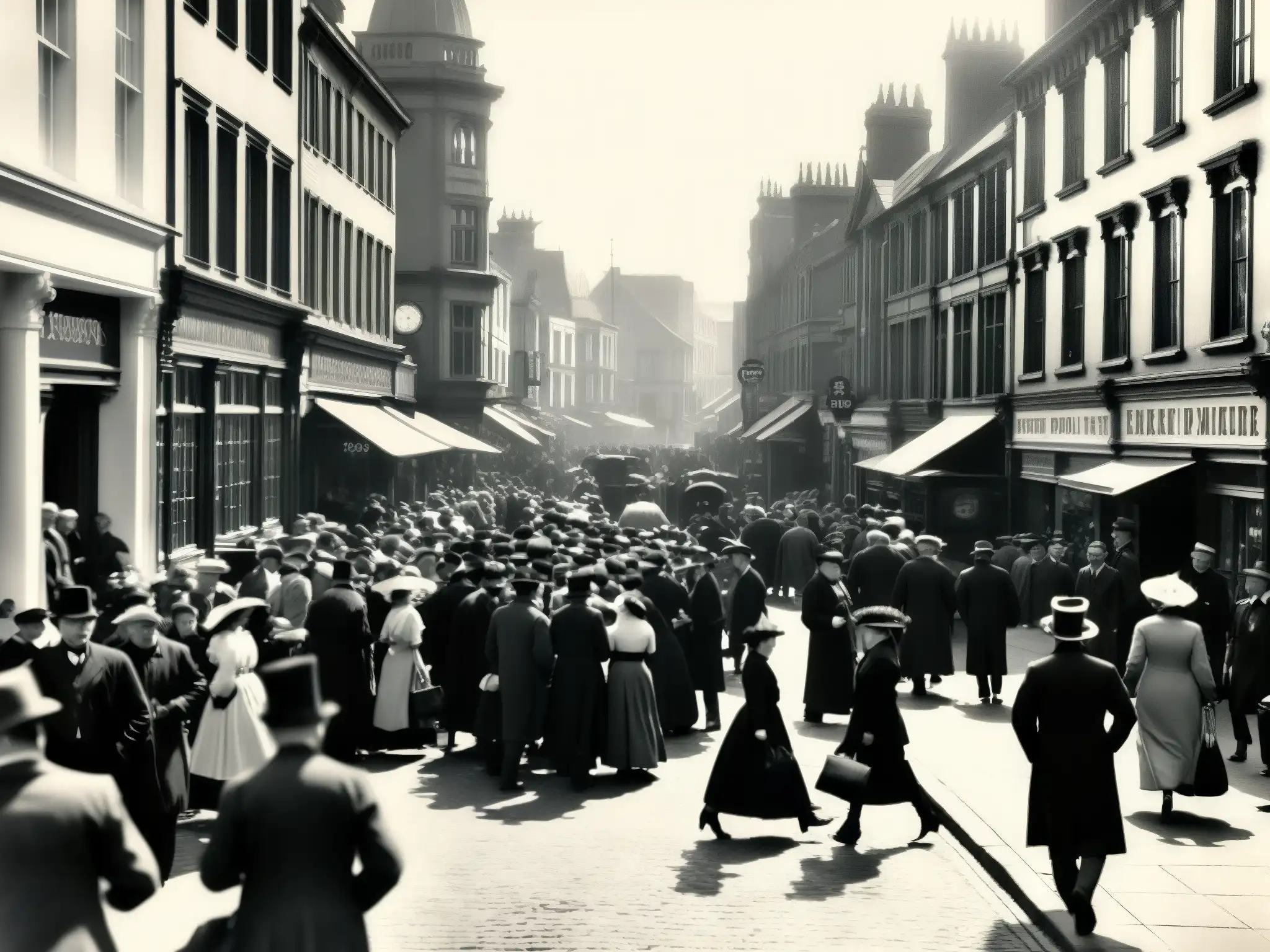 Una fotografía en blanco y negro de una concurrida calle de la ciudad de Cardiff, Gales, a finales de 1800