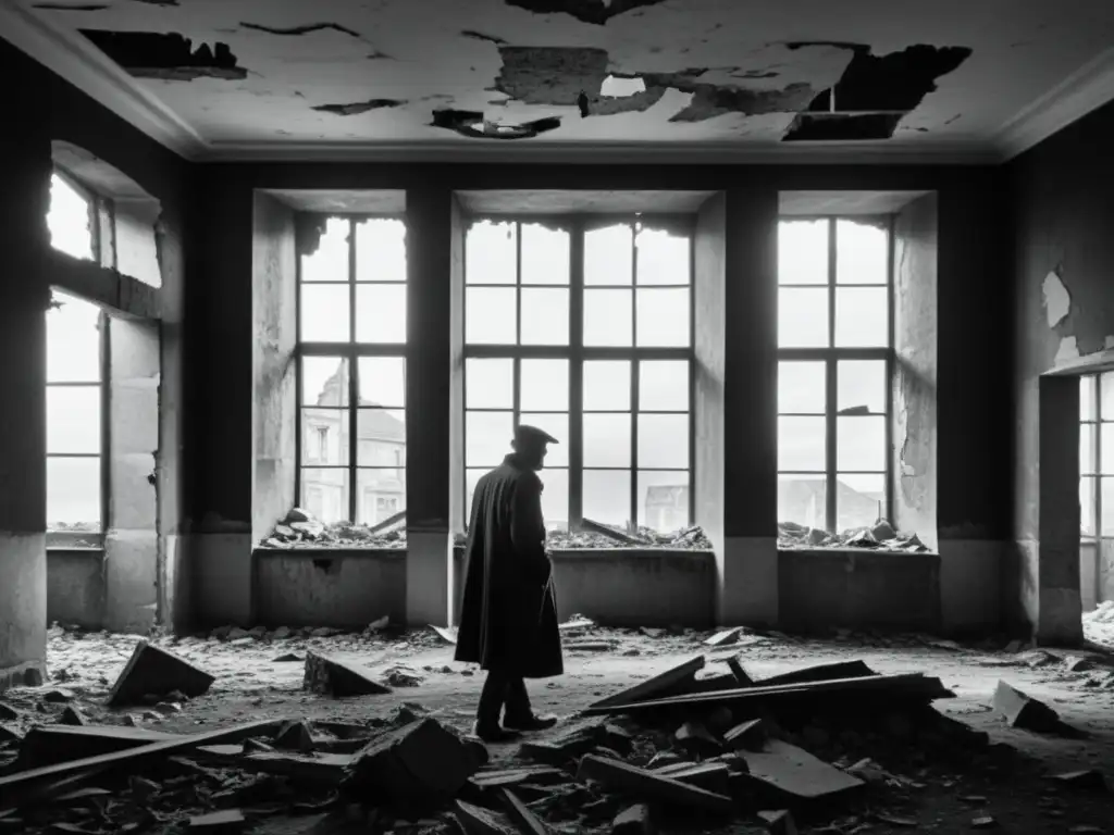 Una fotografía en blanco y negro de un edificio en ruinas en una ciudad europea devastada por la guerra, con una figura solitaria entre escombros