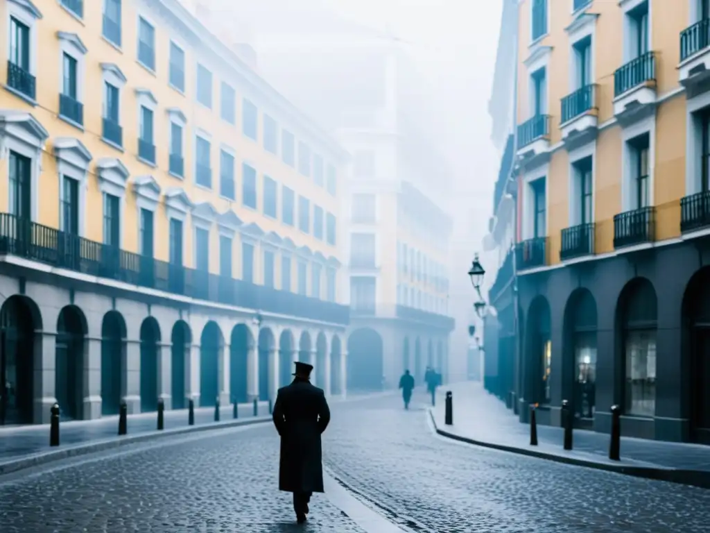 Una fotografía en blanco y negro de la histórica calle Amaniel en Madrid, envuelta en neblina, revela la rica historia de amor y tragedia de la ciudad