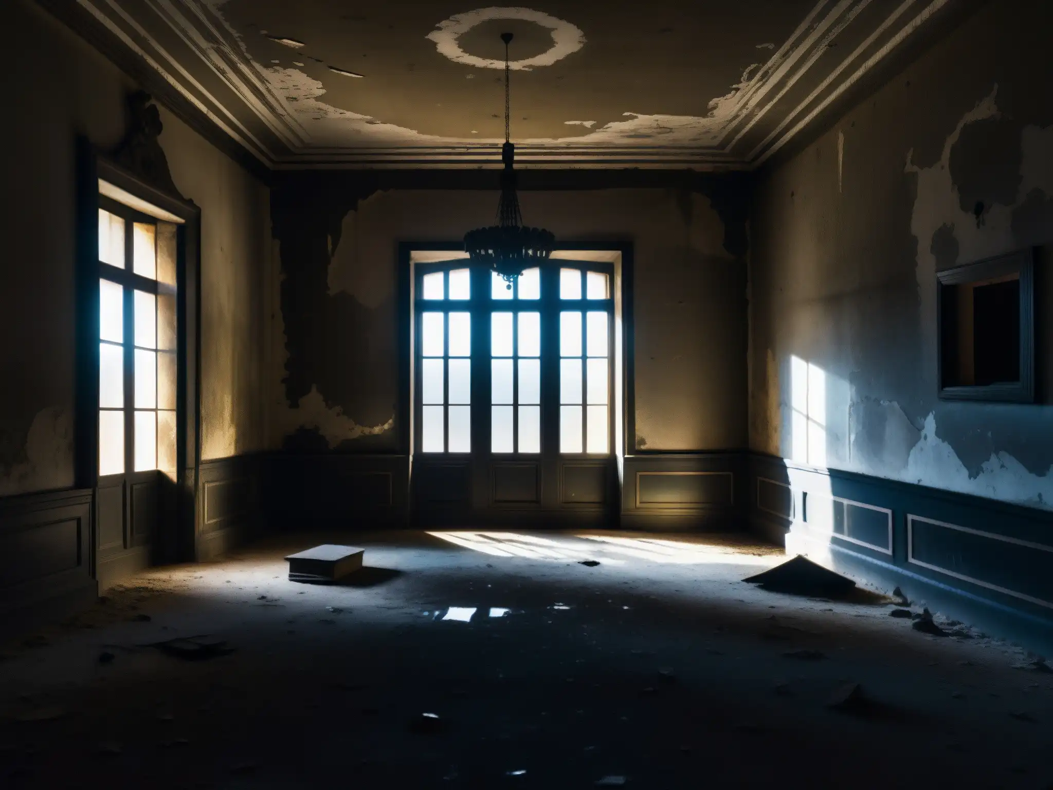 Una fotografía en blanco y negro del interior abandonado y deteriorado del Palacio de Lecumberri, con una atmósfera de misterio y la presencia fantasmal del Palacio de Lecumberri