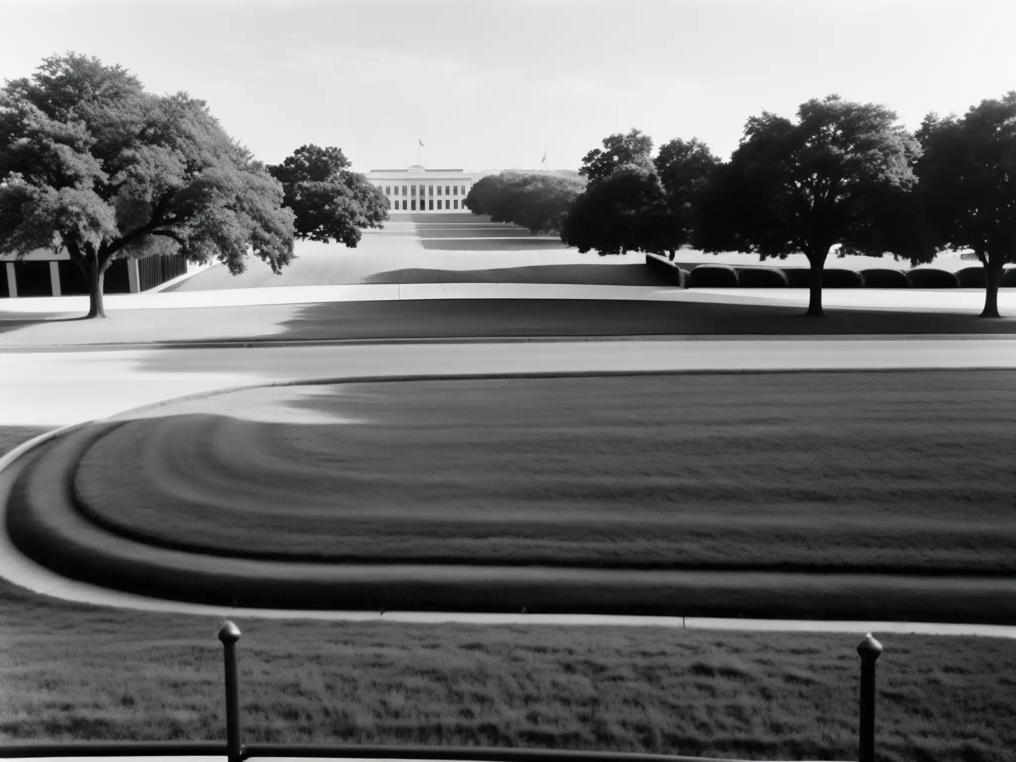 Fotografía en blanco y negro del montículo de hierba en Dealey Plaza, Dallas, Texas, evocando la conspiración en el asesinato de JFK