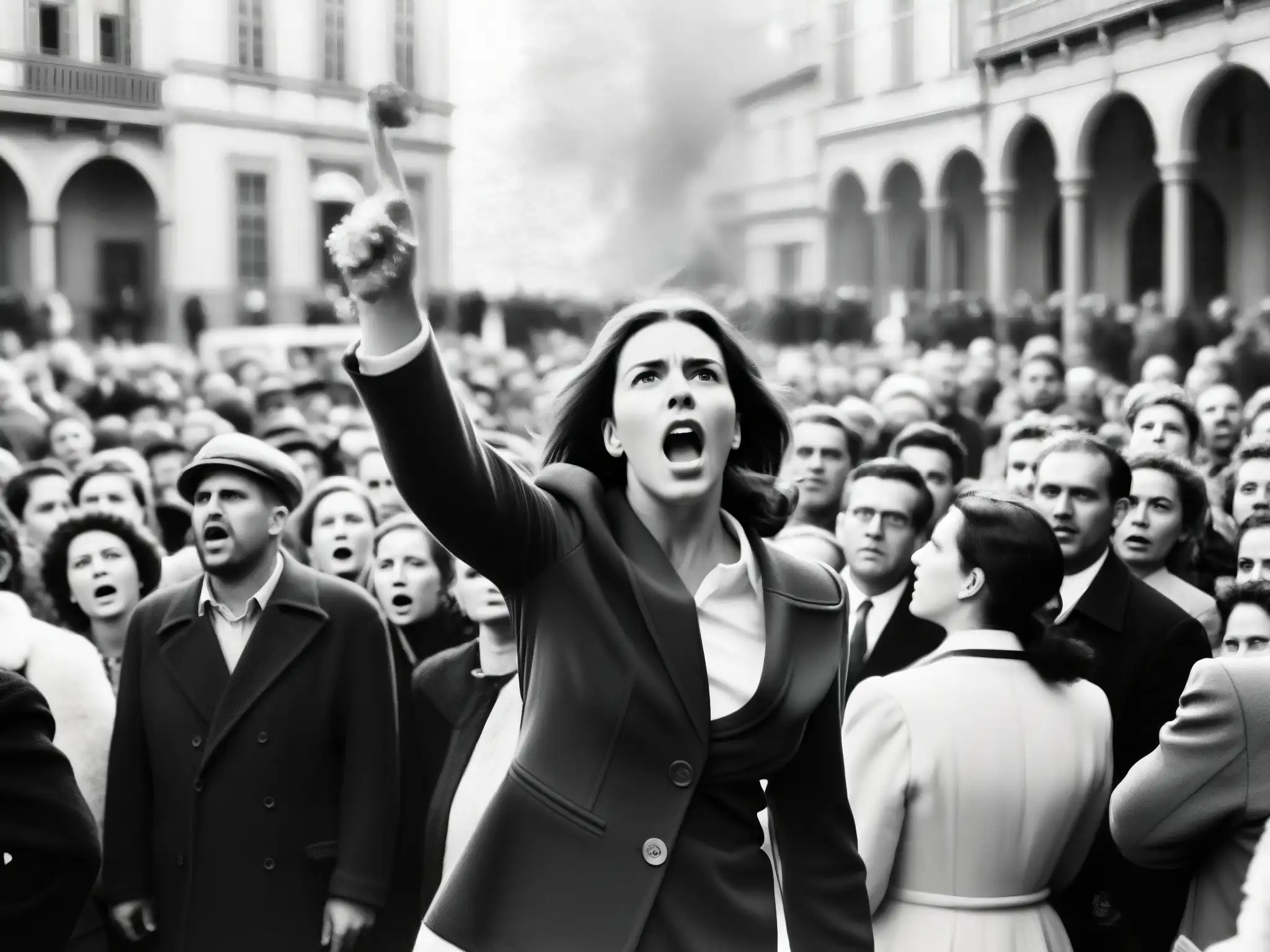Una fotografía en blanco y negro de una multitud en una plaza, con una mujer rodeada de figuras amenazantes señalando y gritando