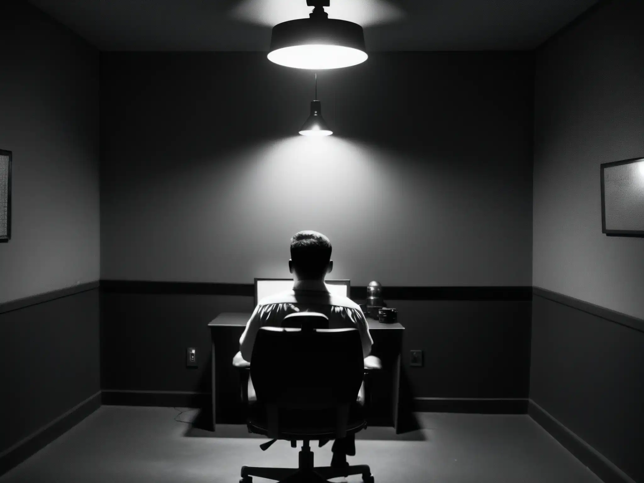 Enigmática fotografía en blanco y negro de una sala de interrogatorios con una única bombilla colgando