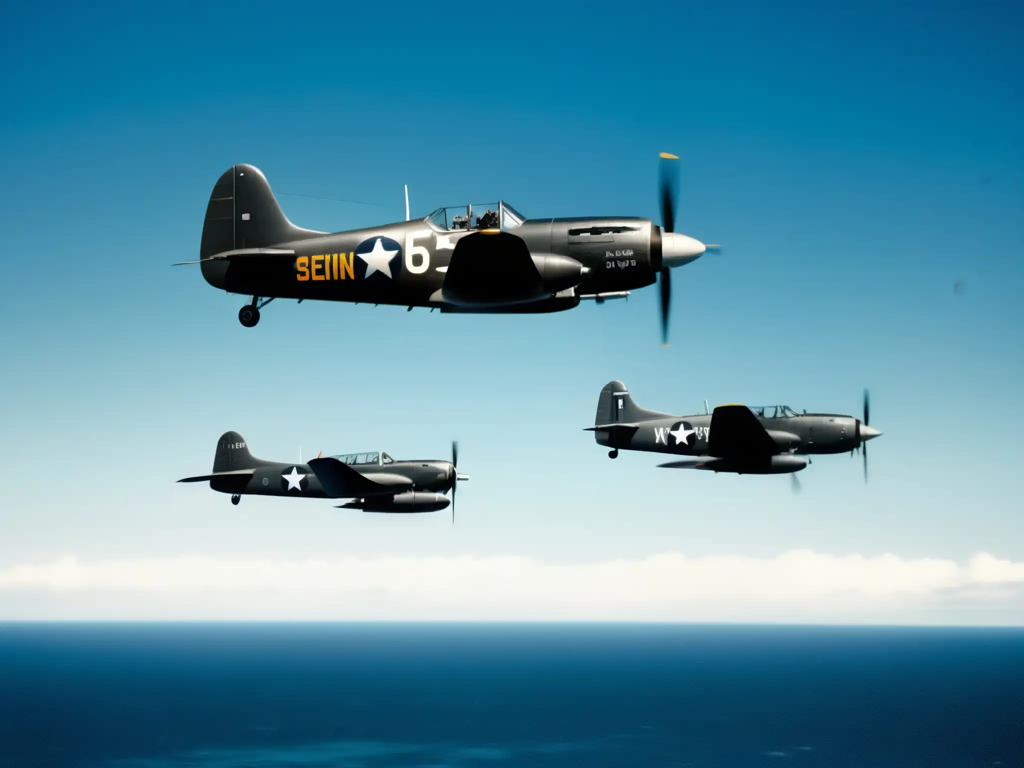 Cinco Avenger bombarderos en vuelo sobre el océano Atlántico, evocando la misteriosa desaparición del Vuelo 19 en el Triángulo de las Bermudas