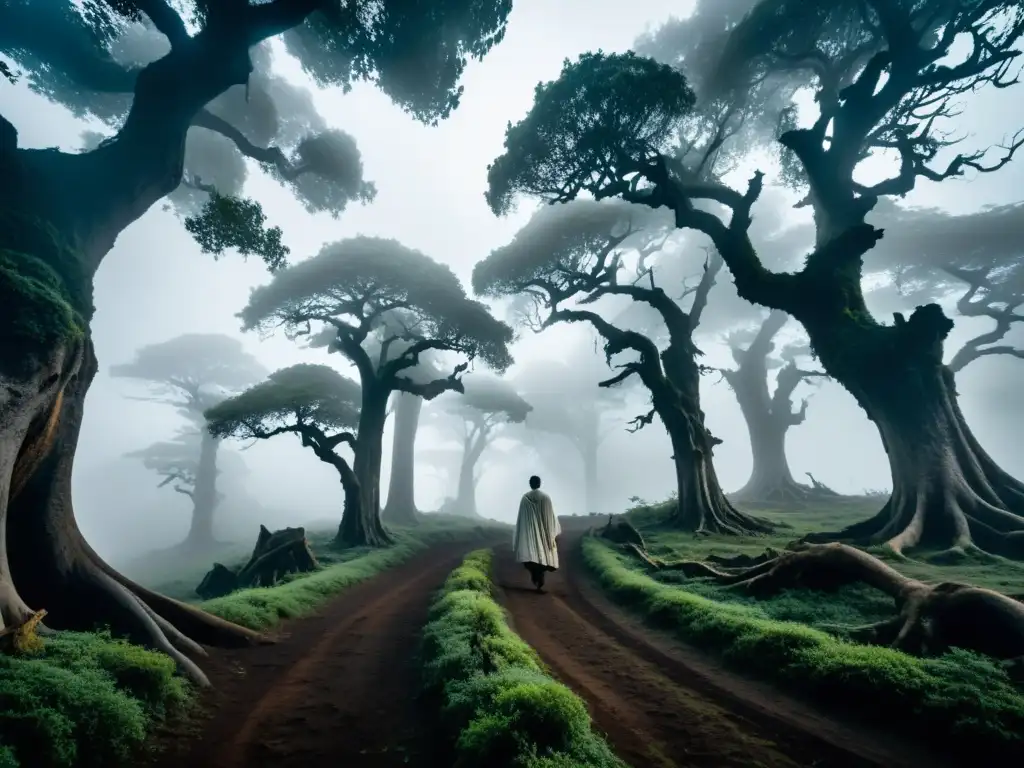 Un bosque en Etiopía, con árboles antiguos y neblina