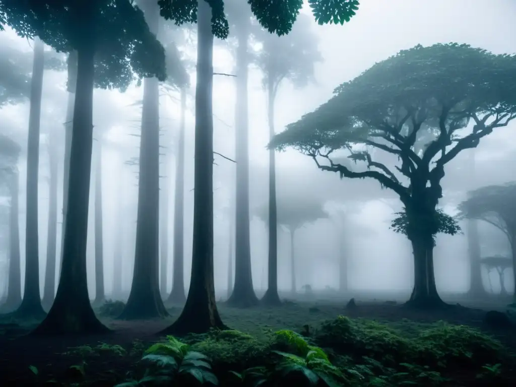 Un bosque brumoso en Côte d'Ivoire, con árboles antiguos y una atmósfera de misterio y encanto