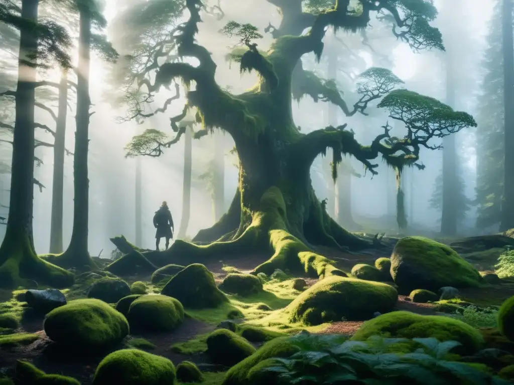 Un bosque brumoso en Escandinavia con árboles retorcidos, rocas cubiertas de musgo y un aura de misterio